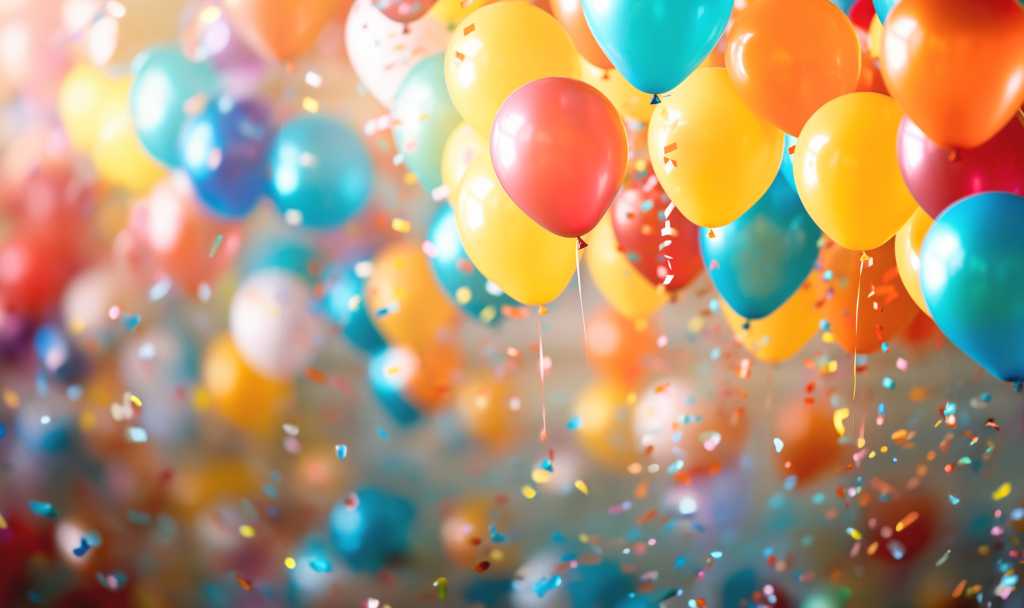 Colorful helium balloons floating on blurred background with glitter highlights.