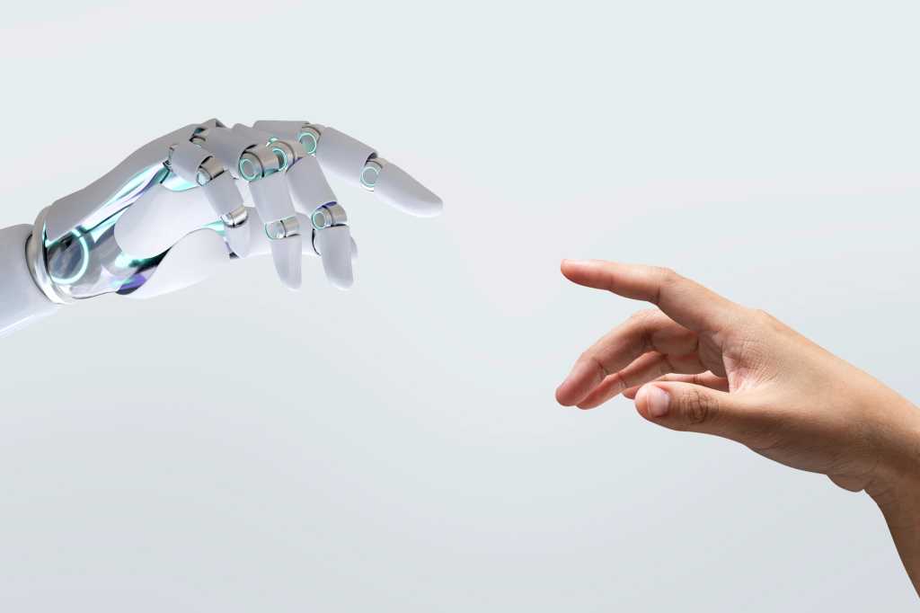 A futuristic image of a robotic hand reaching out to a human hand, symbolizes future technology. This blend of technology and humanity of the connection between human and robotic artificial intelligence AI interactions.