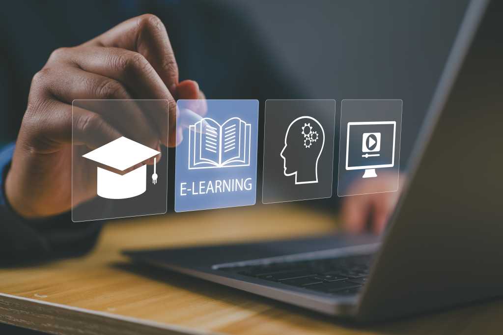 Online education and e-learning concepts. A man interacts with e-learning icons virtually, signifying modern online education methods. learning online webinar, video tutorials, training study course