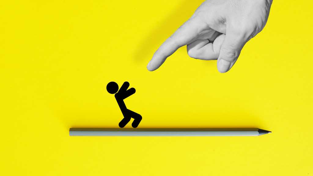 2330214811 Depressed panic man fears of giant pointing finger blame him for mistake. Bullying and abusing.