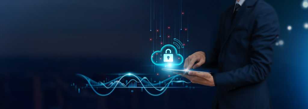 Cloud Security Concept: Businessman uses tablet on Secure Global Networking, Data Encryption, Firewall Protection, Continuous Monitoring, to Develop Smart Solutions from Digital Technology.