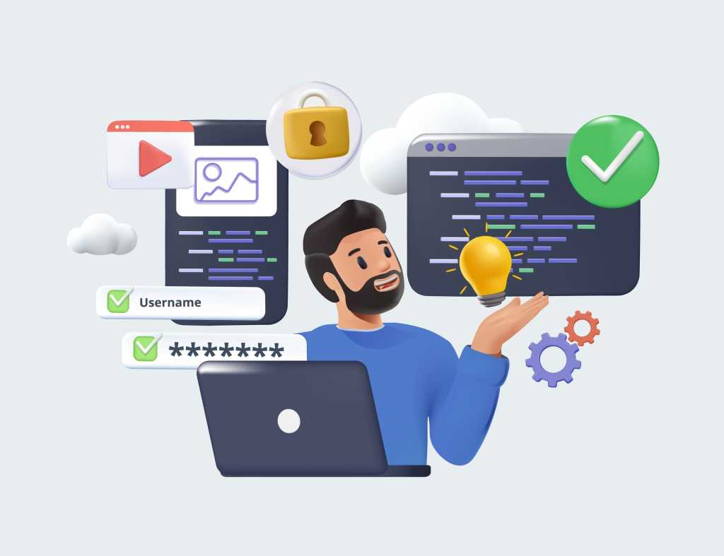 Cartoon 3D character developer, designer working on laptop. Web app development, deploy frontend, backend. Project team of engineers website. Coding computer, software programming.