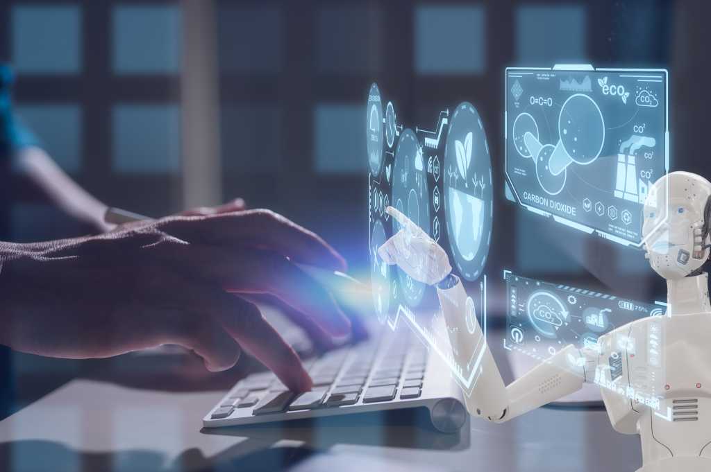 Developer at a physical keyboard with generative AI coding assistance in virtual overlays.