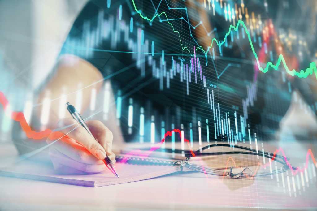 Colorful multi-exposure of person's hands making notes with forex graph hologram. Technical documentation, data analysis, generative AI..
