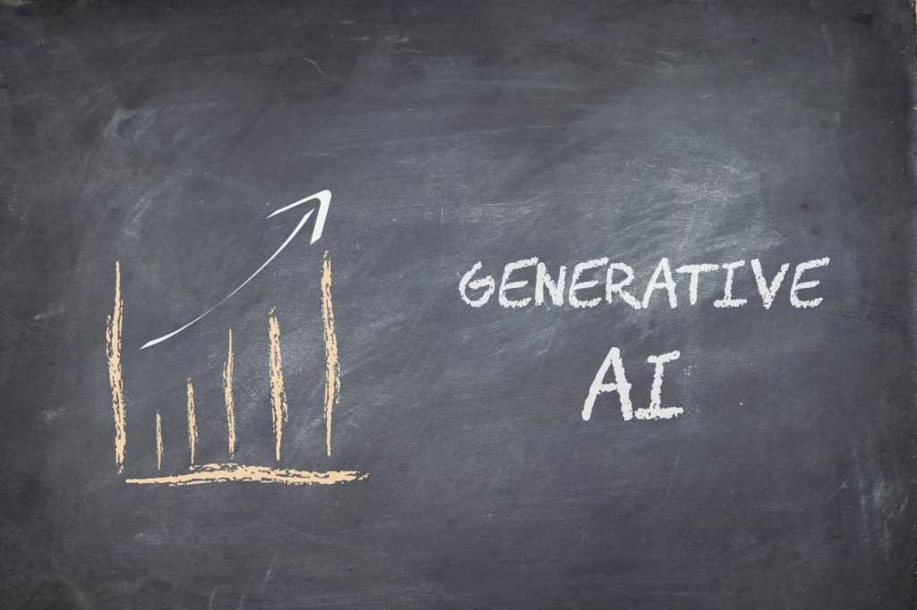 A graph on a blackboard shows an upward growth trajectory with the words Generative AI
