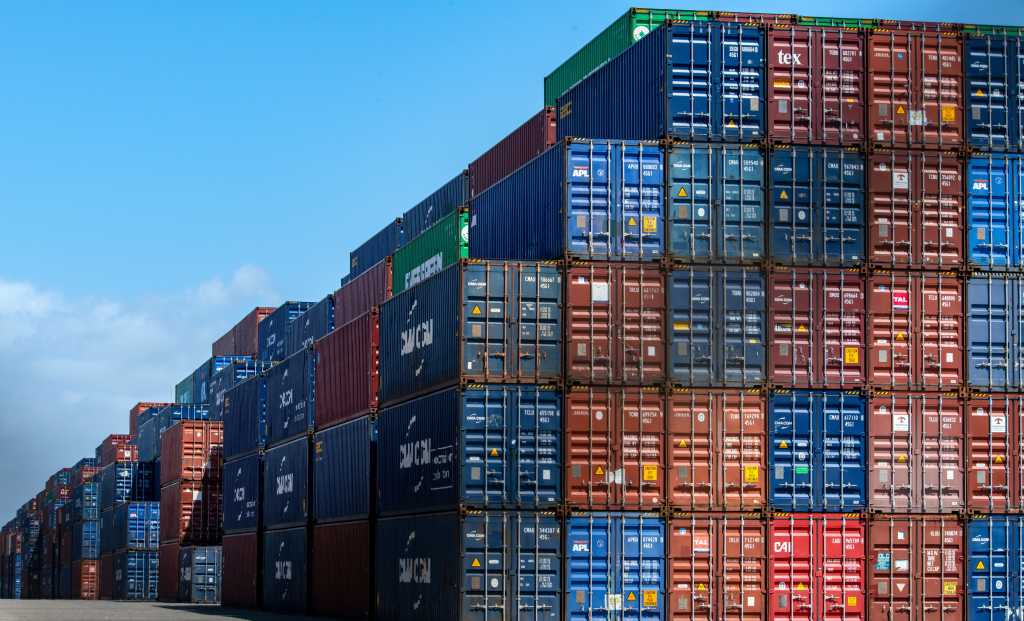 Port of Los Angeles - Port of Long Beach, CA, USA. 2024 Oct. 1. Shipping containers waiting to be loaded on container ship. tariff, tariffs, trade war, steel, aluminum