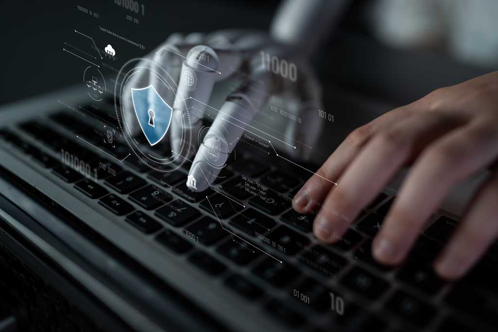 AI securing digital infrastructure, analyzing biometric authentication, monitoring threats, and managing identity protection through intelligent cybersecurity protocols. Latch