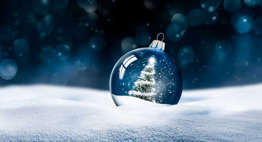 Christmas tree snow globe ornament in the snow with a blue night background.