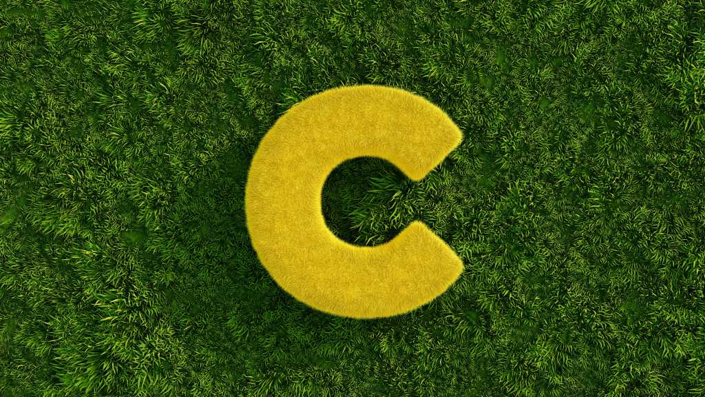 A large letter C in yellow felt against a green astro-turf background.