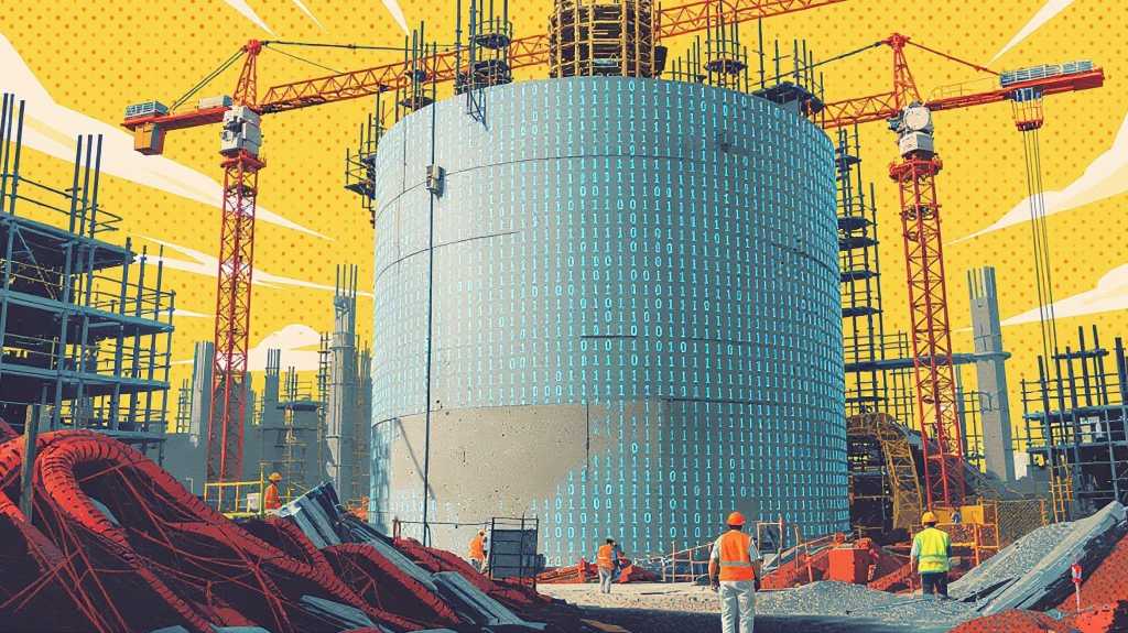 illustration of a building being constructed with data at its core