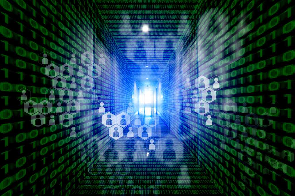 Data analytics. An abstract image of zeroes and ones representing global population data.