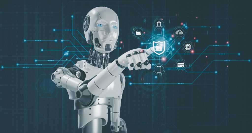 Artificial Intelligence Internet of Things Network Protection Global Business Robots Touch Key Protection Icons Digital technology concepts online marketing, data analysis, e-commerce connectivity