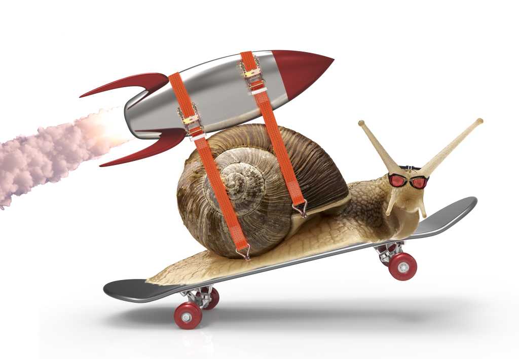 A snail on a skateboard with a jetpack.