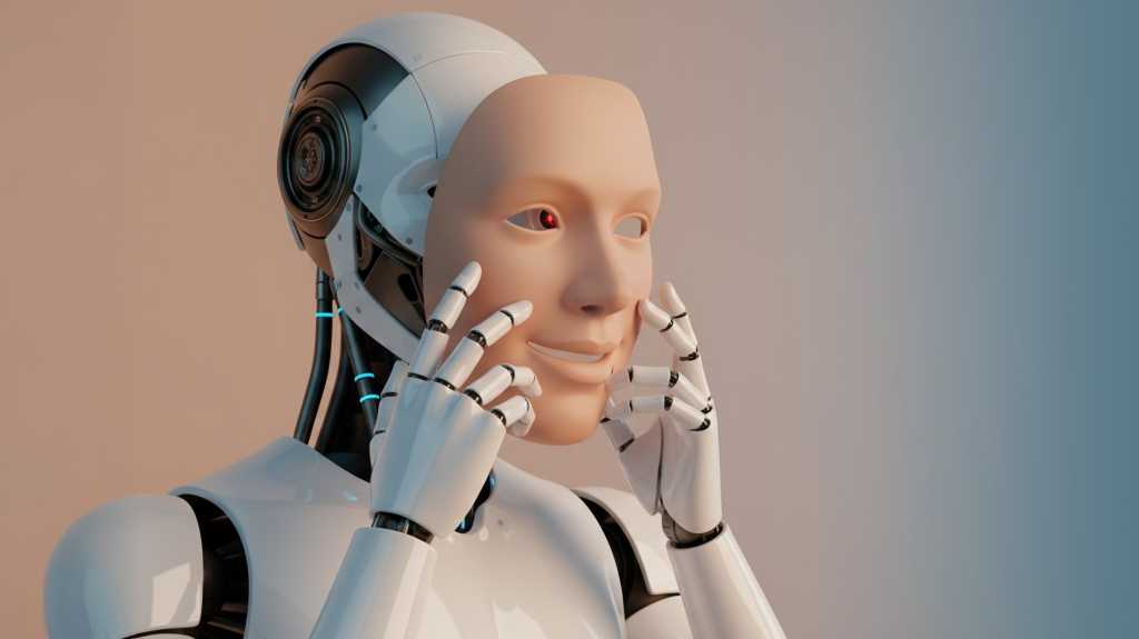 Illustration of robot holding a human face mask